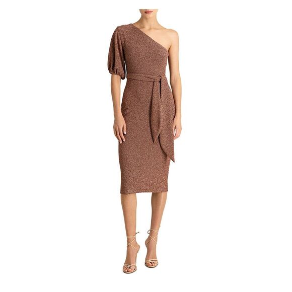 ML MONIQUE LHUILLIER Dresses & Skirts - ML MONIQUE LHUILLIER Womens Brown Tie Belt Elastic Cuff Sleeve Midi Dress 6